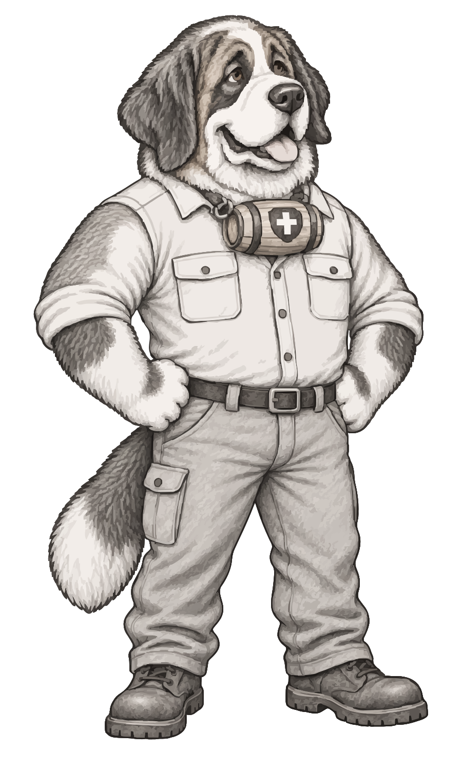 Barry: an older St. Bernard in a work shirt, a cross-marked barrel on his collar, hands on hips