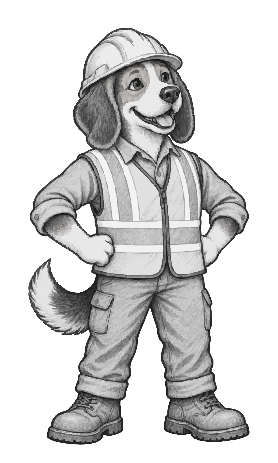 Beagle: a tricolor beagle in a hard hat and reflective vest, permit folder under one arm, on the phone to the utility locators