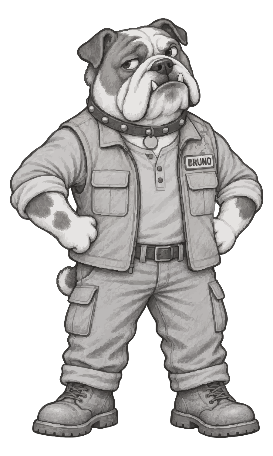 Bruno: a bulldog in a canvas work vest with a studded collar and a BRUNO name patch, hands on hips