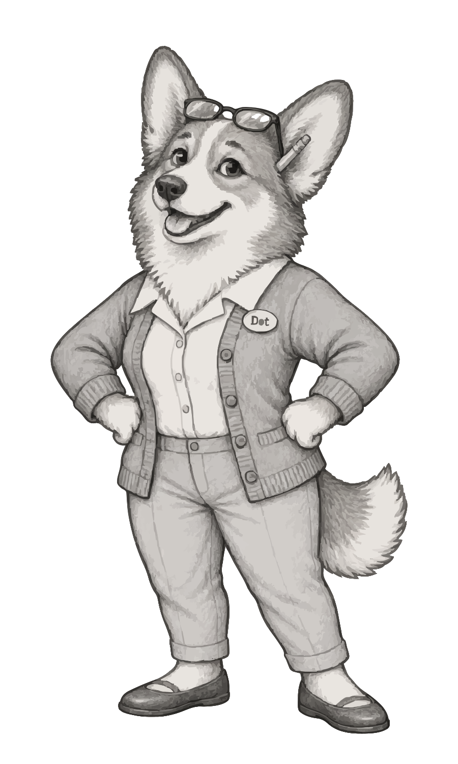 Dot: a corgi in a cardigan with a Dot name pin, reading glasses pushed up, pencil behind one ear, hands on hips