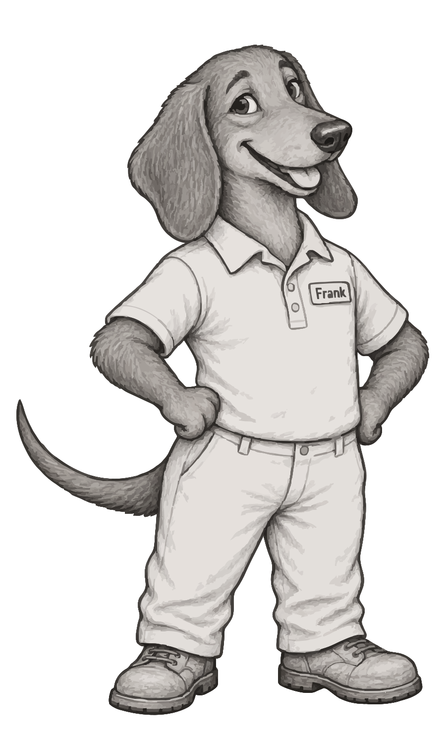 Frank: a dachshund in a work polo with a Frank name badge, hands on hips