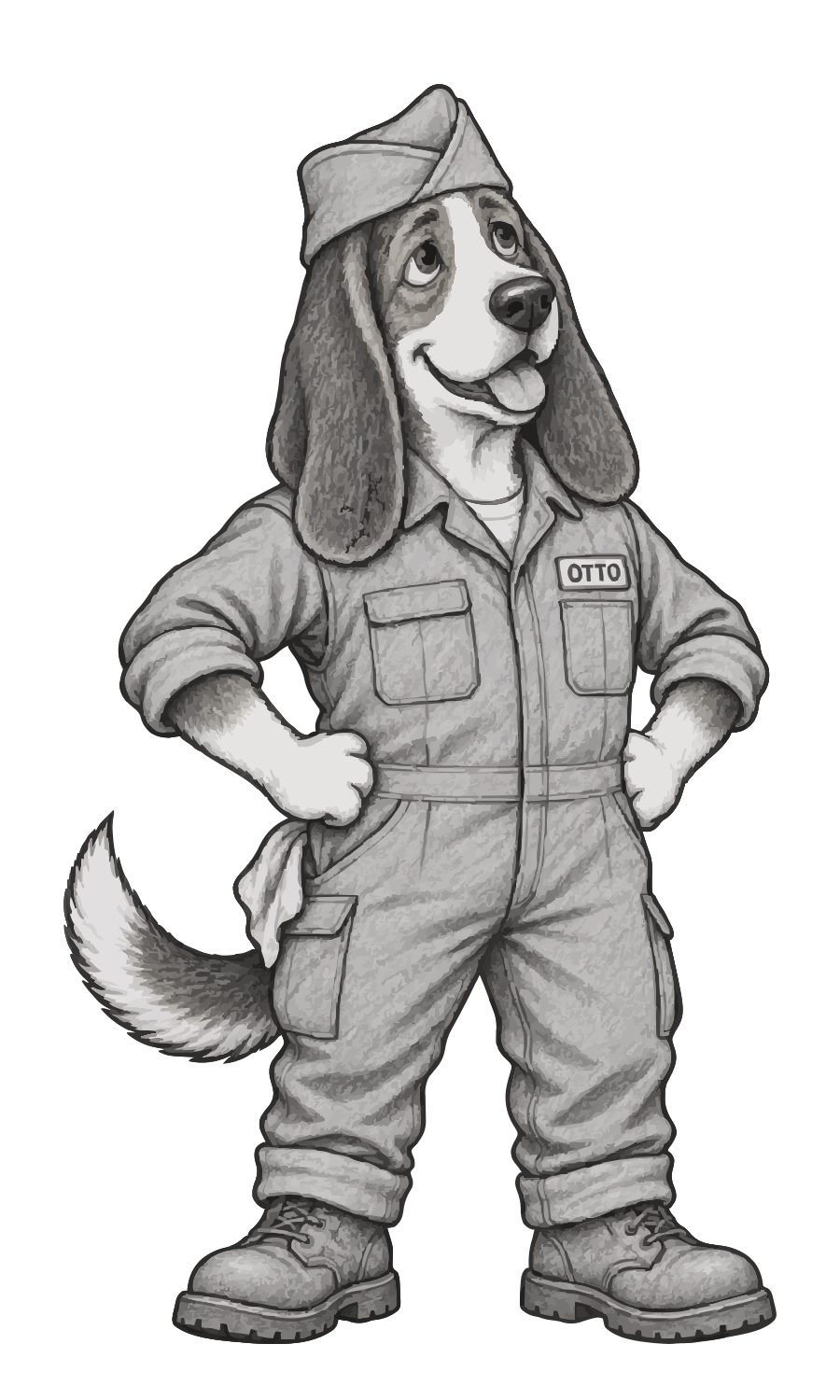 Otto: a Basset Hound in mechanic's coveralls with an OTTO name patch and a service cap, hands on hips