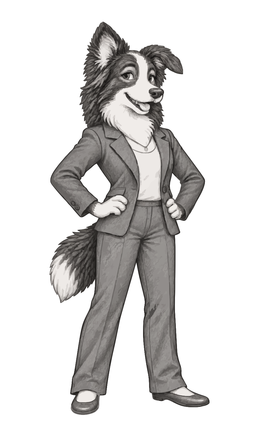 Reveille: a border collie in a blazer and blouse, hands on hips