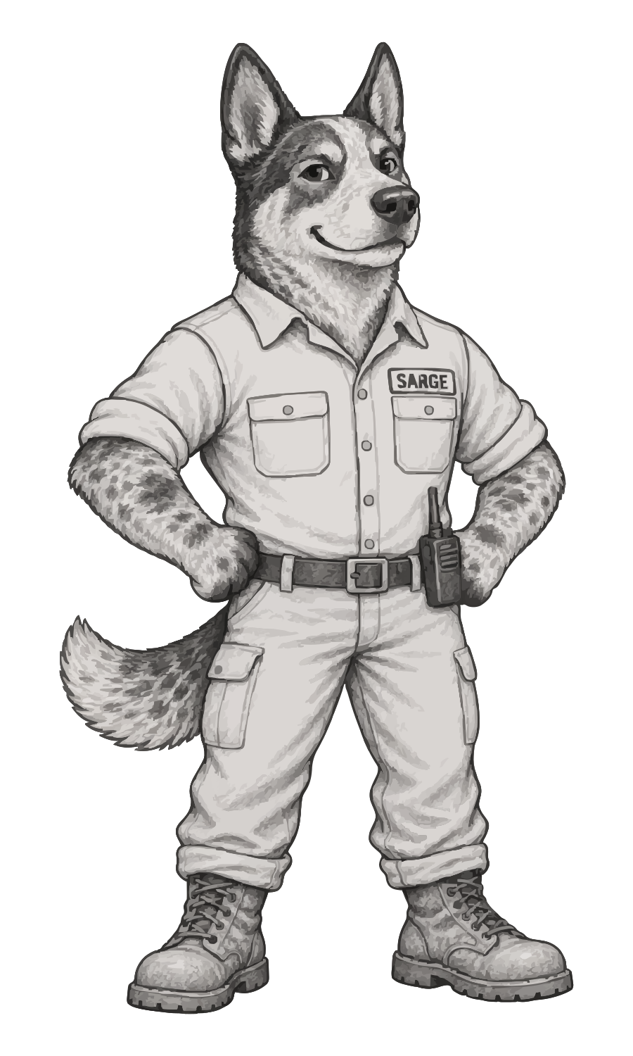 Sarge: a blue heeler in a work shirt with a SARGE name patch, sleeves rolled, radio on his belt, hands on hips