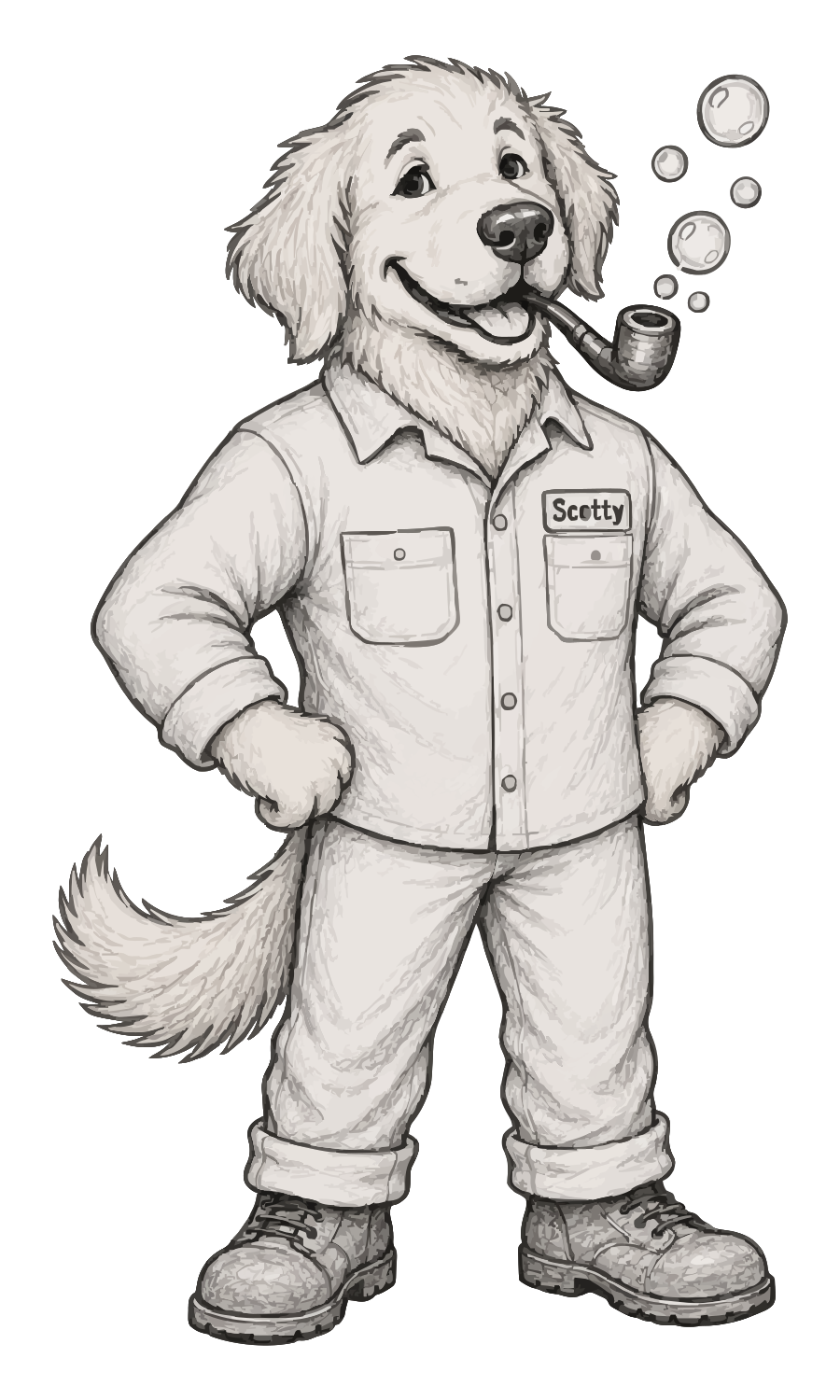 Scotty: a golden retriever in a work shirt with a Scotty name patch, work boots, bubble pipe, hands on hips