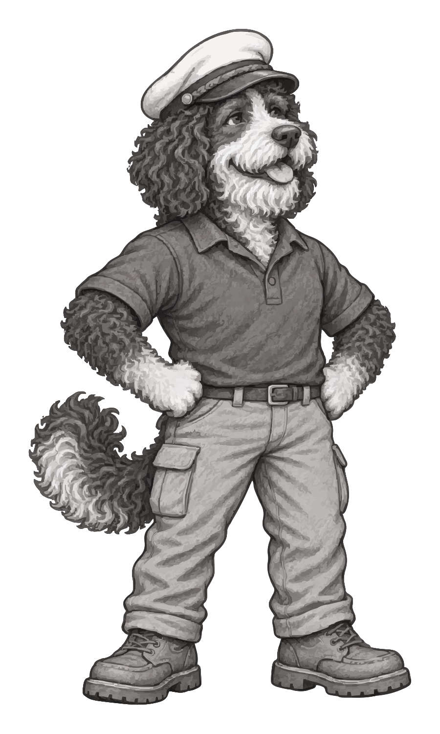 The Skipper: a Portuguese Water Dog in a skipper's cap and a dark work polo, curls out from under the cap, hands on hips
