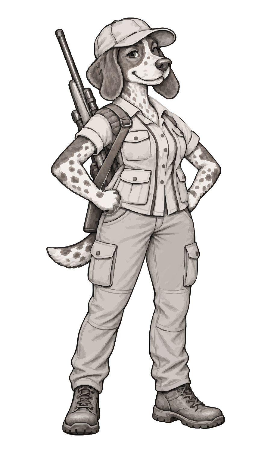 Tally: a German Shorthaired Pointer in a cap and hunting shirt, rifle slung on her back, hands on hips