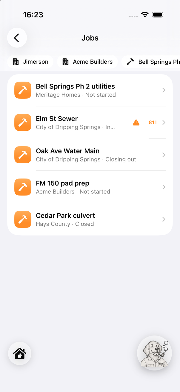 The Jobs list in the Scotty app, with Elm St Sewer flagged for its 811 ticket