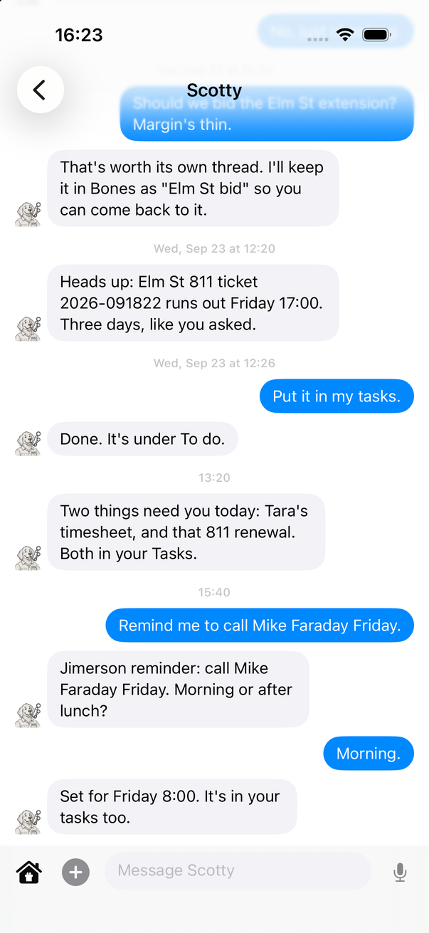 A conversation with Scotty: he files the 811 ticket, adds tasks, sets a reminder